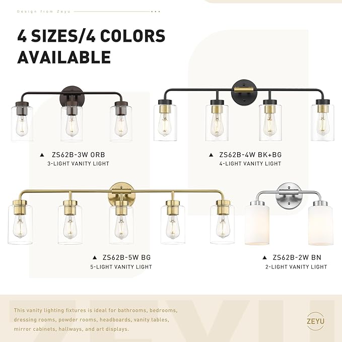 zeyu 3-Light Farmhouse Vanity Lights for Bathroom, 21 Inch Industrial Bath Wall Light Fixtures with Clear Glass Shade, Black and Gold Finish, ZS62B-3W BK+BG