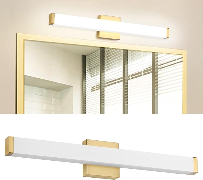 LED Bathroom Vanity Light fixtures 24in Metal Brass, 14W 4000K Natural White Square Wall Fixture, Modern Lighting for Over Mirror, Damp Rated