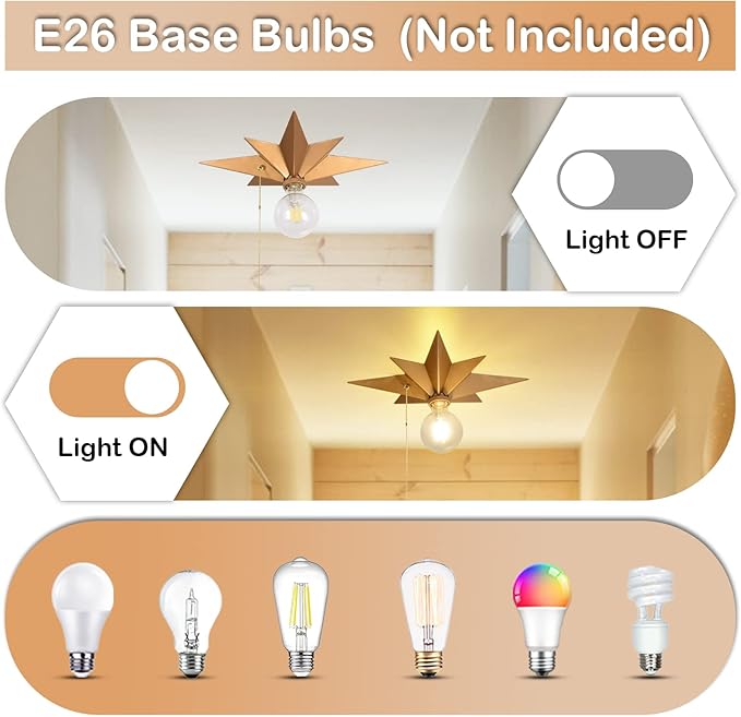 Flush Mount Ceiling Light Fixture with Pull Chain, Brass Star Ceiling Light, Industrial Light Fixtures Ceiling Mount for Hallway, Entryway, Study, Bedroom, Stair, Foyer, Kitchen, Bathroom - Metal