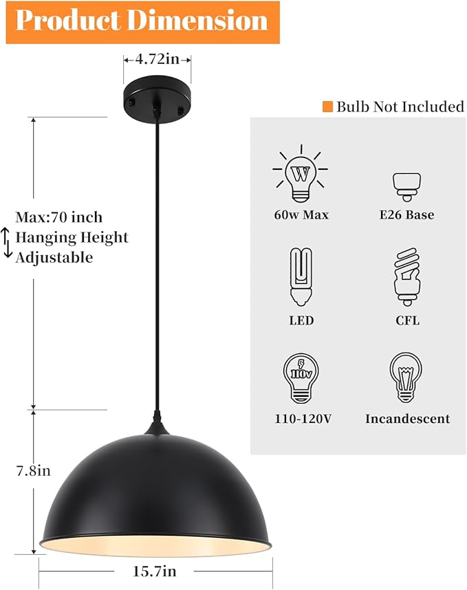 Black Pendant Light 15.7 Inch, Modern Pendant Lights Kitchen Island,Large Farmhouse Hanging Light for Dining Room Bar Cafe Bedroom