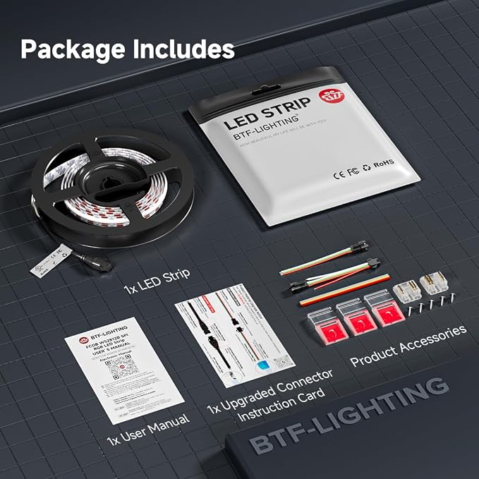 BTF-LIGHTING FCOB COB WS2811(WS2812B) IC RGB 180LED/m 900IC LED Strip DC5V 16.4FT Individual Addressable,UL Listed,High Density Uniform Light Dream Chasing Color 10mm Width(NO Adapter or Controller)