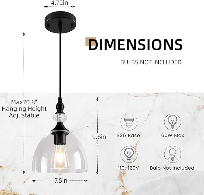 Pendant Ligh for Dining Room, Brushed Gold Pendant Light Kitchen Island, Modern Pendant Lights with Glass Shade for Living Room, Foyer, Bedroom, Hallway, Black/Clear, 2 Pack