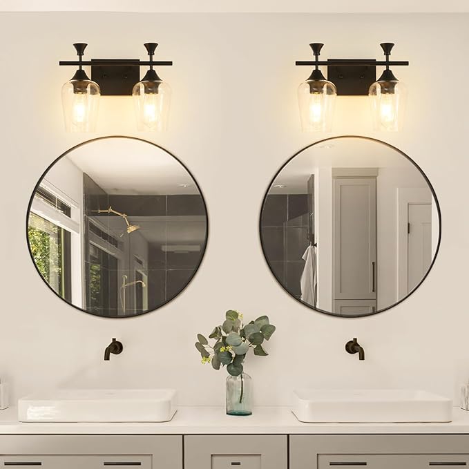 Bathroom Light Fixtures (2-Light, 14 Inch), Matte Black Vanity Lights for Bathroom with Clear Wine Glass Glass Shade, Modern Vanity Wall Lights for Mirror Bedroom Living Room Kitchen Hallway Porch