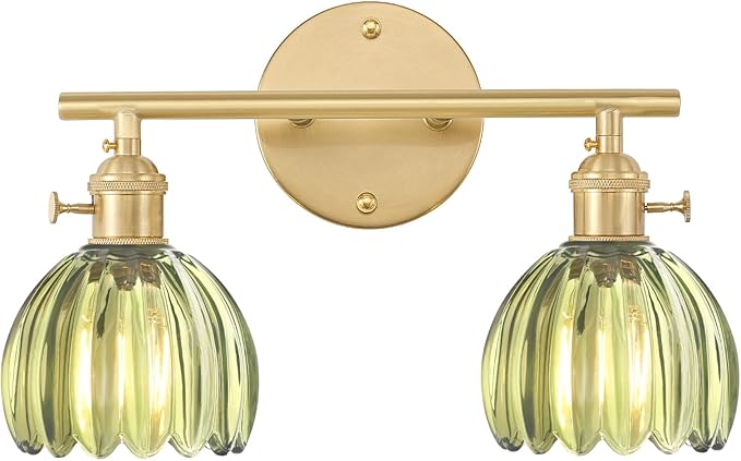 Shenmoyl Bathroom Light Fixtures, 2-Light Brass Vanity wall Light Over Mirror with Green Tulip Glass Shade for Bedroom Living Room (Bulb Not Included)