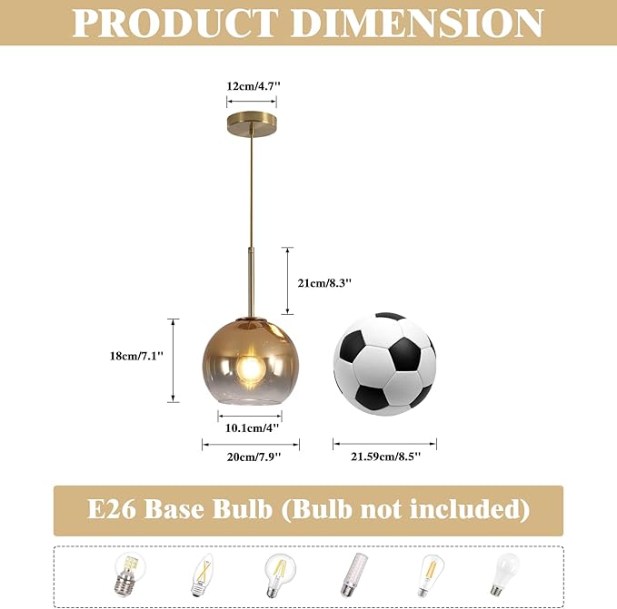 KCO Lighting Glass Globe Hanging Light Fixture Modern Gold Pendant Lights Kitchen Island Mid Century Dining Room Hanging Light Fixtures Over Table Single Pendant Light