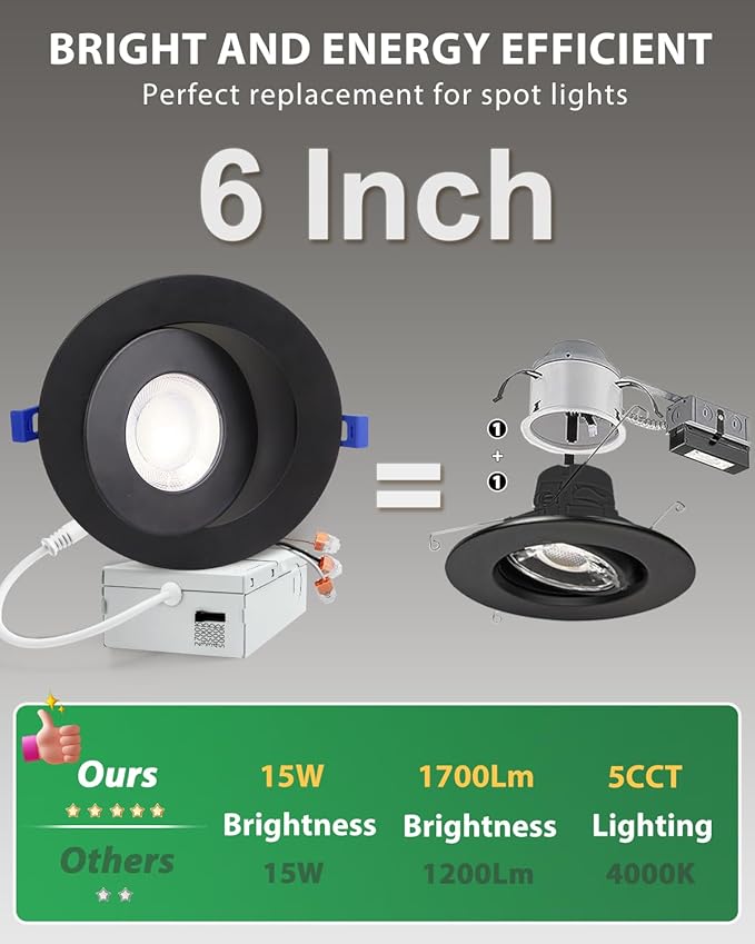 zouzai 6 inch 5CCT Gimbal Black Led Recessed Lights, 360°+90° Adjustable Directional Recessed Lighting, 2700K-5000K Dimmable Retrofit Eyeball Can Lights with Jbox, ETL&Energy Star(Black,6 Pack)