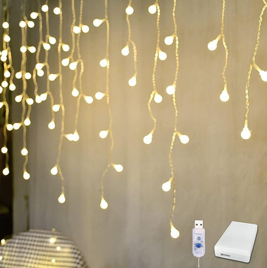 YOLIGHT Fairy Curtain Lights, USB/Battery Powered Ball Icicle Light 13ft 96 LED Globe String Hanging Lights for Bedroom Dorm Wedding Party Christmas Decoration (Warm White)