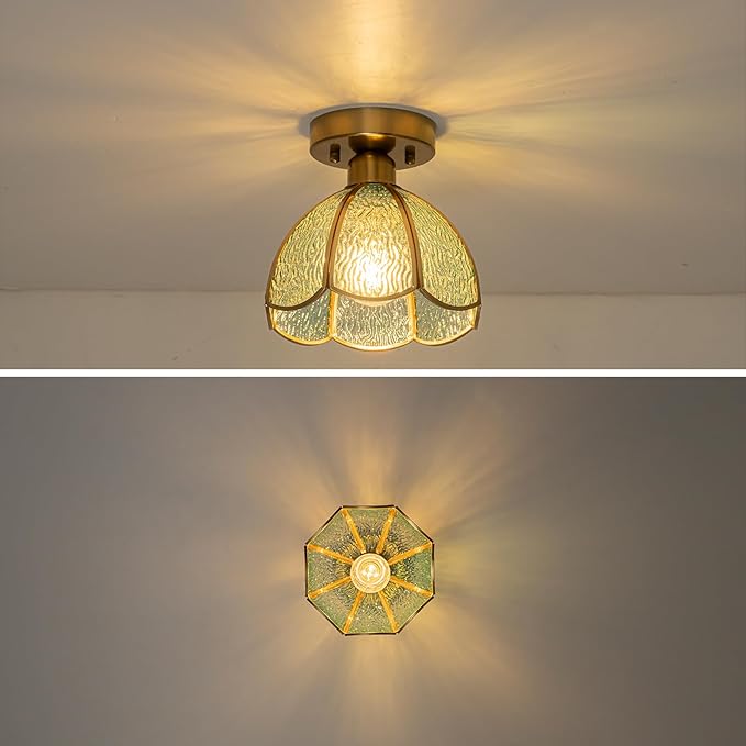 Semi Flush Mount Ceiling Light Fixture, 8.07” Vintage Glass Ceiling Light Small Antique Light Fixtures Flower Shade, Mid Century Ceiling Light for Hallway Kitchen Entryway Foyer Bedroom