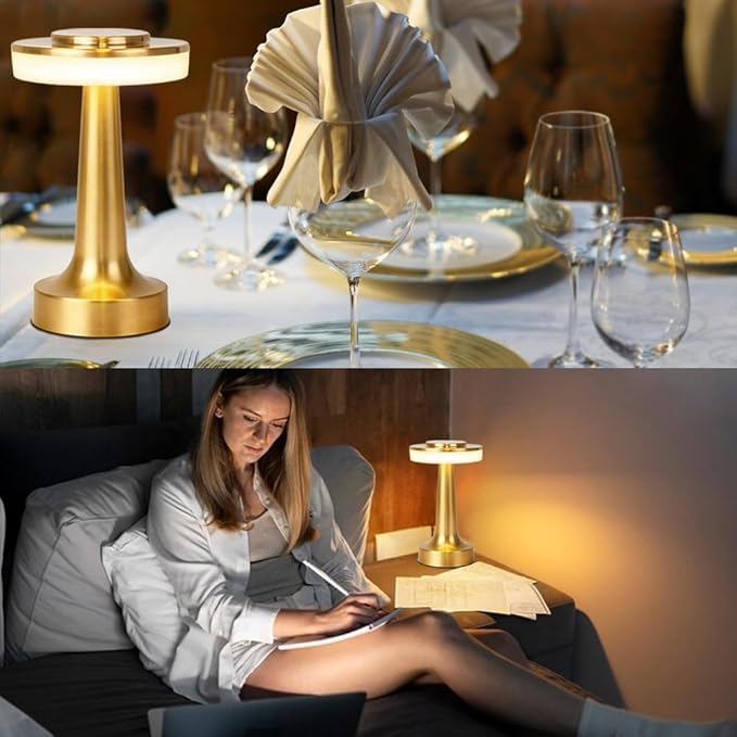 JHPGEOE Cordless Metal Desk Lamp, Touch Sensor Control LED Table Lamp, 3 Color Stepless Dimmable Battery Powered Lamp for Living Room, Dorm, Home Office (Gold)