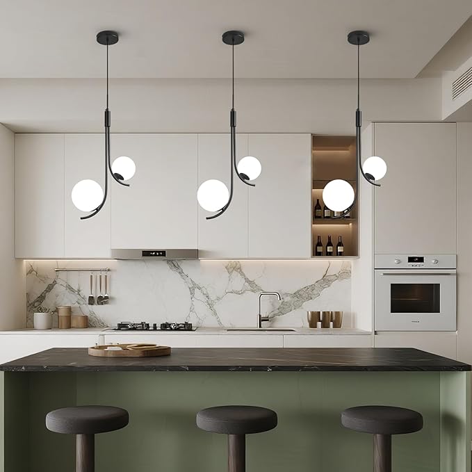 Modern Pendant Light Fixture Black Globe Pendant Lights Kitchen Island White Frosted Milk Glass Sputnik Chandelier Vintage for Kitchen, Office, Entryway (2-Light)
