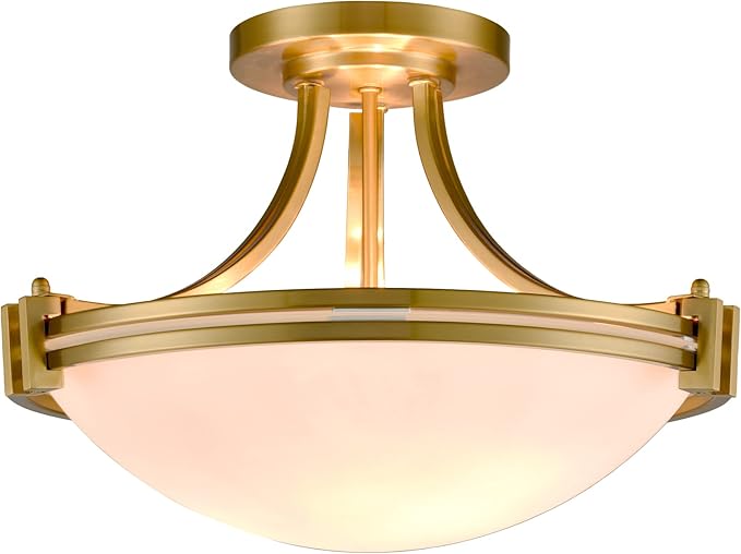 SAMTEEN Modern Brass Semi Flush Mount Ceiling Light 3-Light Mid Century Gold Flush Mount Light Milk Glass Ceiling Light Fixtures for Hallway Bedroom Foyer Kitchen