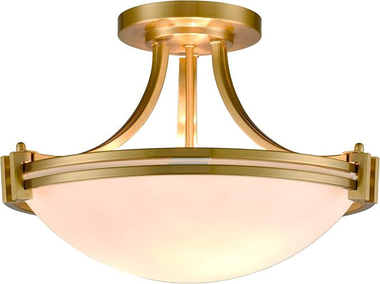 SAMTEEN Modern Brass Semi Flush Mount Ceiling Light 3-Light Mid Century Gold Flush Mount Light Milk Glass Ceiling Light Fixtures for Hallway Bedroom Foyer Kitchen