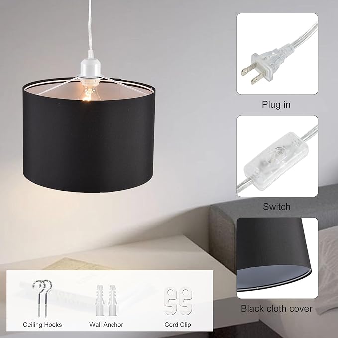 2 Pack Plug in Pendant Light, Hanging Light with 15Ft Clear Cord, On/Off Switch, Black Fabric Lamp Shade, Hanging Light Fixture for Bedroom, Kitchen, Living Room, Dining Table