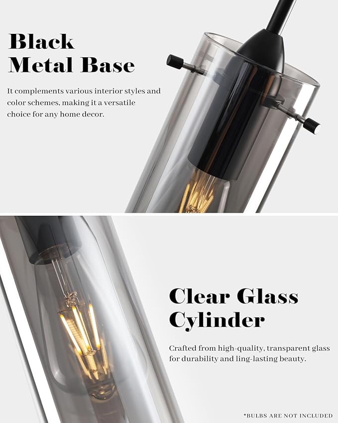 Smoke Gray Glass Pendant Light, Kitchen Pendant Lights 1 Pack, Kitchen Pendant Lighting Over Island, Modern Clear Hanging Pendant Light for Kitchen Island, Bedroom, Living Room, Bathroom