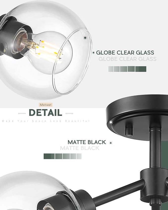 3-Light Semi Flush Mount Ceiling Light, Modern Light Fixtures Ceiling Mount with Globe Clear Glass Shade, Matte Black Light Fixtures for Kitchen Entryway Hallway Bedroom, SM195-MB-3