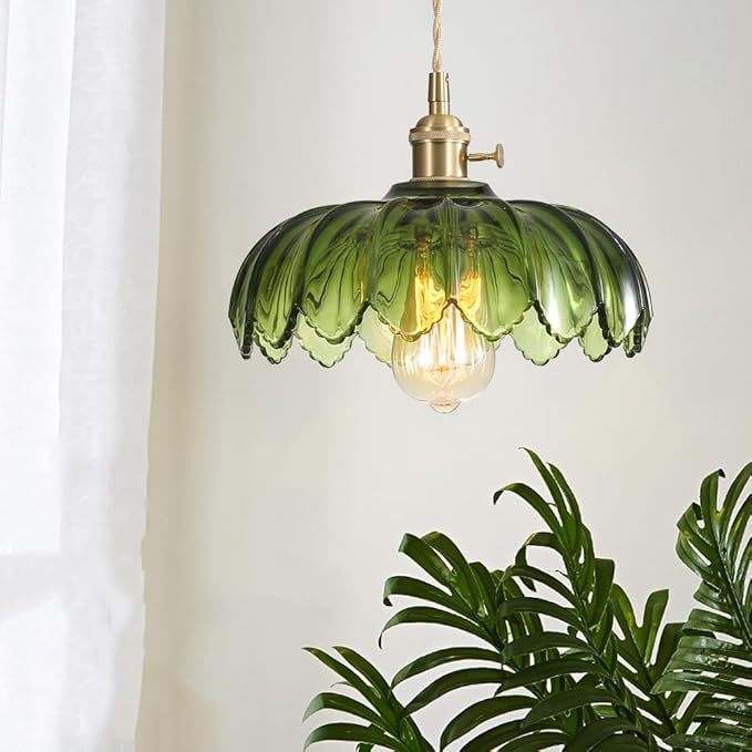 Plug in Pendant Light with Green Glass Lamp Shade Brass Vintage Hanging Light Fixture Adjustable Chandelier for Kitchen Island Dining Room Bedroom Living Room Hallway (Green)
