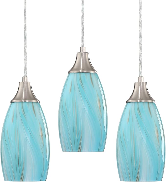 karyfine Mini Art Glass Pendant Lights Kitchen Island,Handcrafted Teal with Gold Glass Ceiling Pendant Lighting Brushed Nickel Adjustable Cord Hanging Lamp Cover for Coffe Bar,Dining Room 3pack