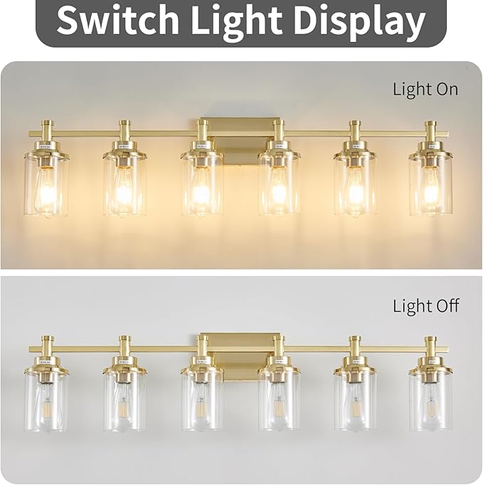 Brushed Brass 6-Light Vanity Light Fixtures with Clear Glass Shades Over Mirror for Bathroom, Living Room, Hallway