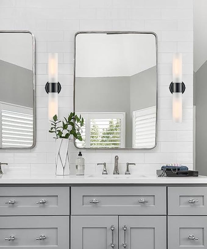 DAYCENT Modern Black Bathroom Vanity Lights Farmhouse 2-Light Frosted Glass Wall Sconce Matte Black Cylinder Sconces Wall Lighting for Bedroom Hallway Living Room, 20" H
