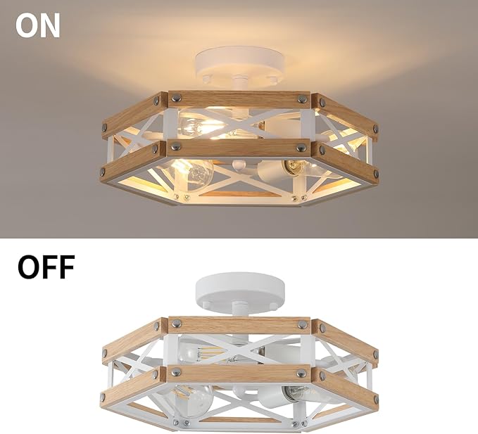 3-Light Modern Farmhouse Wood Flush Mount Ceiling Light Fixture 14.5 inch Vintage Natural Wood and Metal Cage Semi Flush Mount Ceiling Light for Hallway Entry Bedroom Farmhouse, White