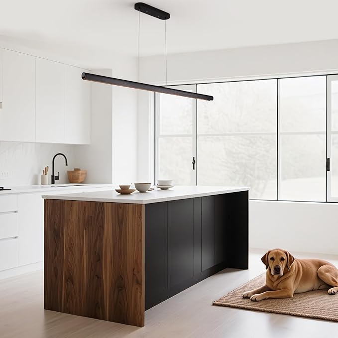 YISDESIGN 39inch Integrated Led Pendant Light,24w Dimmable Wood Linear Pendant Lighting,Led Modern Island Light with Black Finish,for Kitchen Island,Dining Room,Billiard & Pool Lights