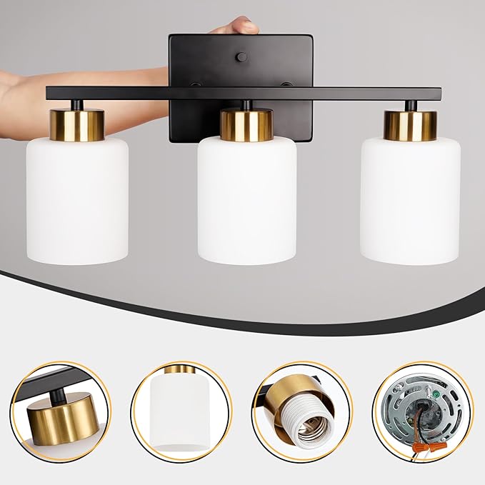 FonmYim Black and Gold Bathroom Light Fixtures, 3-Light Modern Vanity Light Over Mirror, Wall Sconces with Milky White Frosted Glass Shades, E26 Socket (Bulbs Not Included)