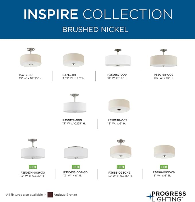 Progress Lighting P3712-09 Inspire Two-Light Semi-Flush, Brushed Nickel
