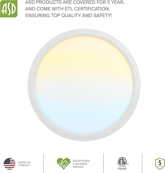 ASD LED 18" Round Flush Mount Ceiling Light Fixture, Low Profile Surface Lighting | 5CCT, Dimmable, Ultra-Thin, ETL Listed | 32W 2600LM 2700-6000K 100-277V | Kitchen, Bedroom, Hallway Lamp | White