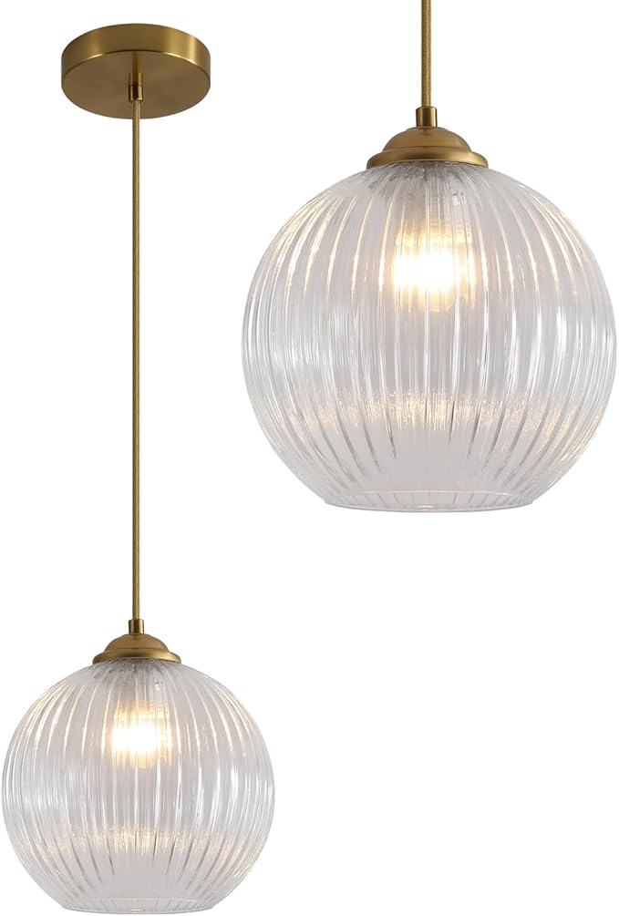 Modern 1 Light Clear Glass Pendant Lights Kitchen Island Large Brushed Gold Pendant Light Vintage Adjustable Height Hanging Globe Ceiling Light Fixture for Dining Room Bedroom Hallway MPL30-B