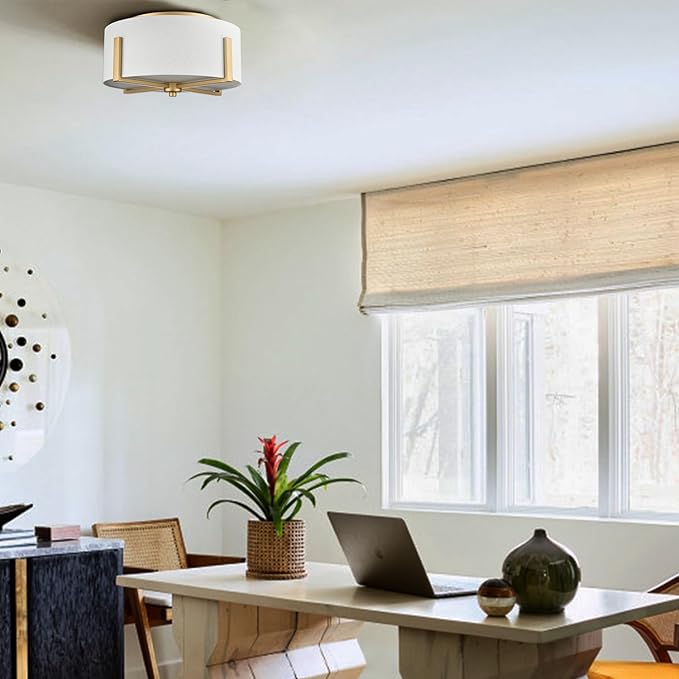 Gold Drum Ceiling Light Fixture with Linen Shade, 2-Light, 15.74"L x 15.74"W x 7.87"H, Warm White, Indoor, Modern, Living Room