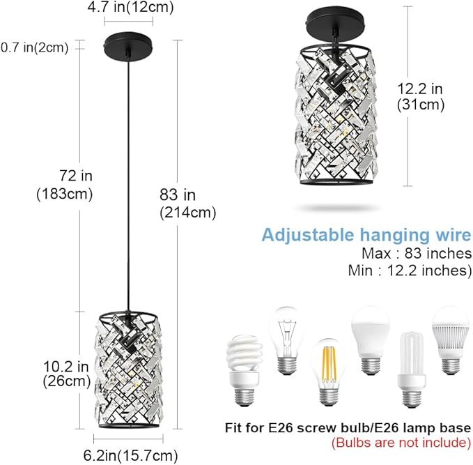 Black Pendant Lights Kitchen Island, Mini Crystal Modern Kitchen Pendant Lighting Over Sink with 10.2" Clear Glass Shade Chandeliers, Adjustable Pendant Light Fixture for Dinning Room Bedroom Entryway