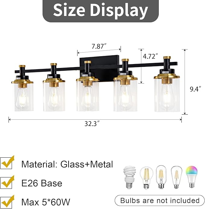 5-Lights Bathroom Light Fixtures, Gold and Black Bathroom Vanity Light Over Mirror, Brushed Gold Bathroom Light Fixtures with Clear Glass Shade for Hallway, Living Room