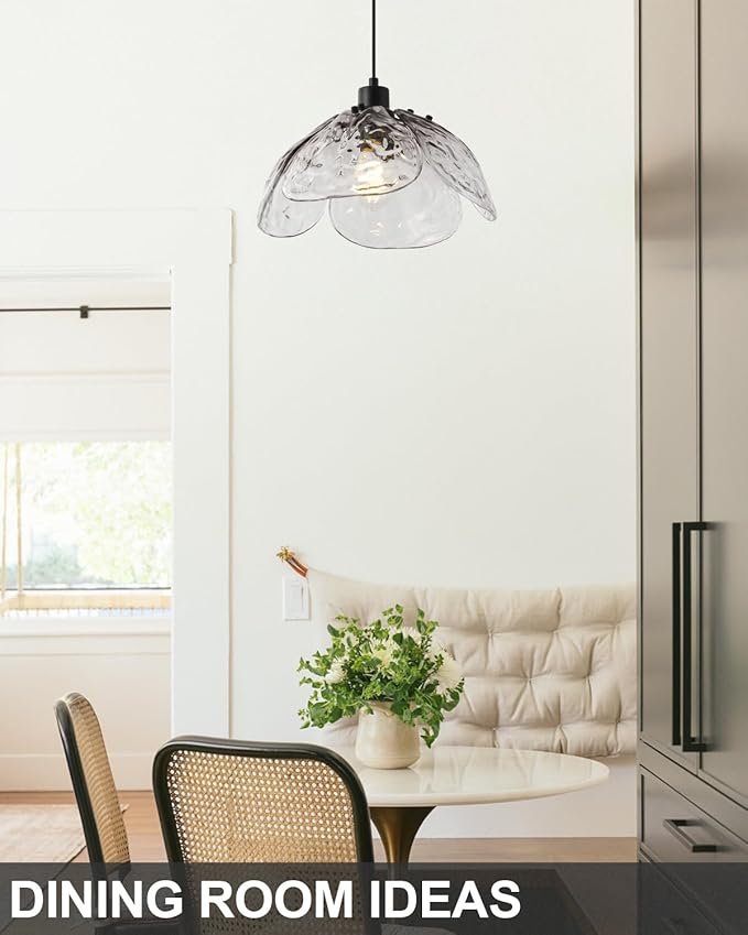 Vintage Gradient Smoke Gray Pendant Light,Black Pendant Lighting Fixture with Handmade Leaf Glass for Bedroom,Kitchen,Hallway,Entryway