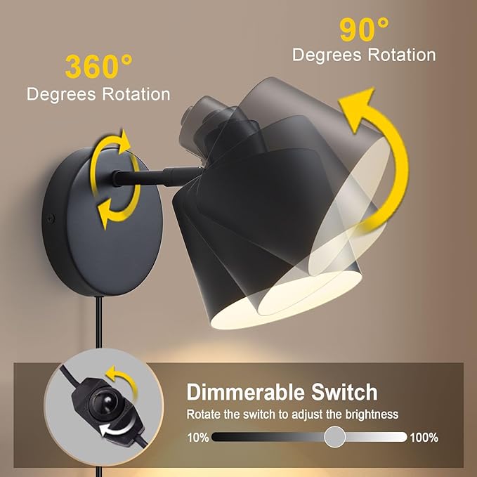 LIGHTESS Plug in Wall Sconces Set of 2 with Switch, 350° Rotatable Dimmable Corded Wall Sconce, Black Wall Lamps for Bedroom Living Room Hallway Kitchen Bedside (Bulb Not Included)