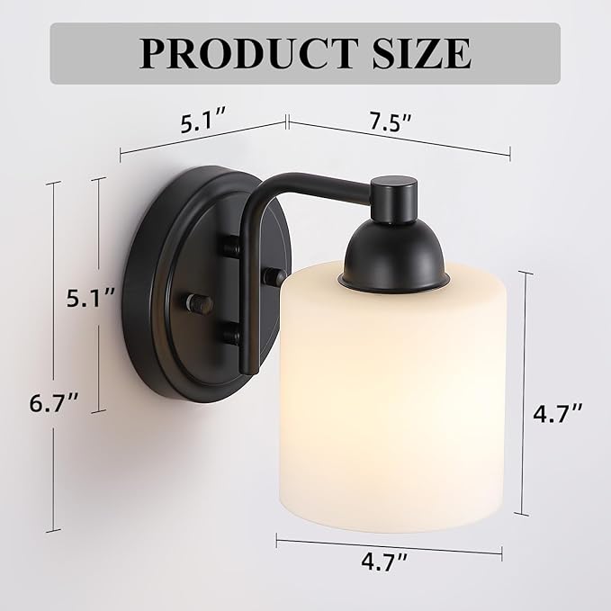 Mecgirn Matte Black Milk Glass Wall Sconces, 1 Pack Hardwired Indoor Wall Light Fixtures for Living Room, Hallway, Bedroom, Ceramic E26 Sockets (Bulbs Not Included)