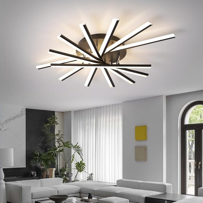 JAYMP 7 Lights Linear Modern Ceiling Lamp 41.3 inch Dimmable Led Semi Flush Mount Black Ceiling Light Fixture for Bedroom Dining Room Kitchen Island Living Room