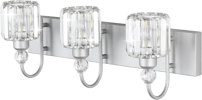 Ralbay Crystal Vanity Light - 3 Light, 24'' Modern Silver Bathroom Vanity Light Fixtures Over Mirror Wall Lights