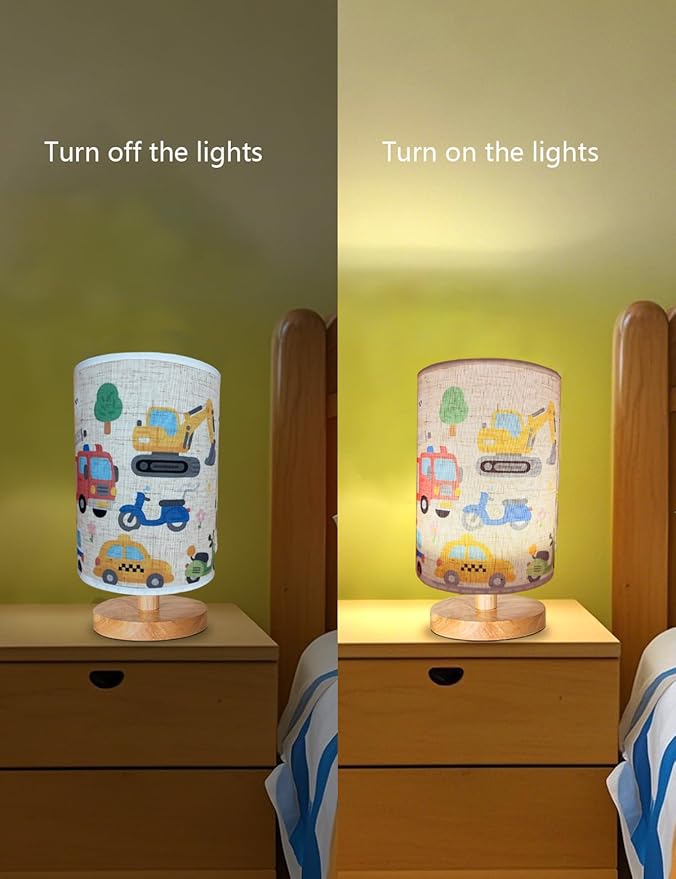 Kids Lamps for Bedrooms Boys, Car Lamp,3 Level Dimmable Wood Nightstand Desk Base Flaxen Fabric Shade for Bedroom Living Room,Car Gifts for Boys (car)