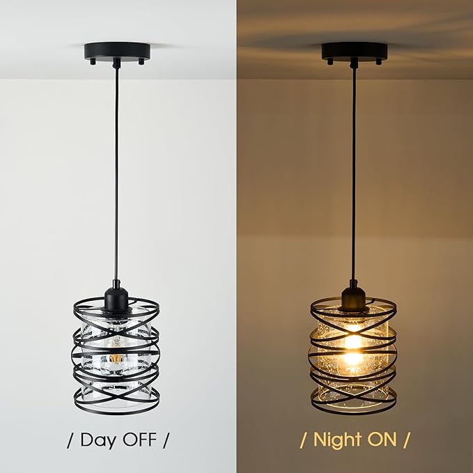 3-Pack Spiral Glass Pendant Lights Kitchen Island Mini Black Pendant Light Modern Metal Cage Handblown Seeded Glass Ceiling Hanging Lamp Adjustable Cord for Dining Room Foyer Hallway, E26