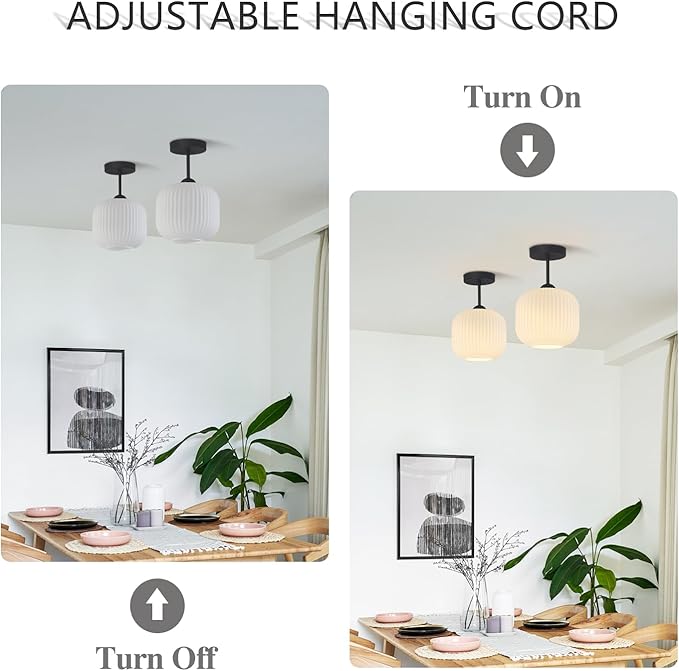 Small Milk Ribbed Glass Flush Mount Ceiling Light Nordic White Ceiling Lights Mid Century Modern Globe Semi Flush Mount Ceiling Light Fixture for Kitchen Hallway (2 Pack)