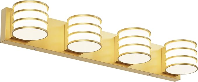 LED Bathroom Vanity Light - 28.4 Inch Gold 4-Light Fixture with White Acrylic Shades, 6000K Cool White, Mirror Lighting for Bathroom, Bedroom, Hallway, Living Room Wall Sconce