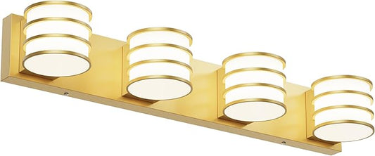 LED Bathroom Vanity Light - 28.4 Inch Gold 4-Light Fixture with White Acrylic Shades, 6000K Cool White, Mirror Lighting for Bathroom, Bedroom, Hallway, Living Room Wall Sconce
