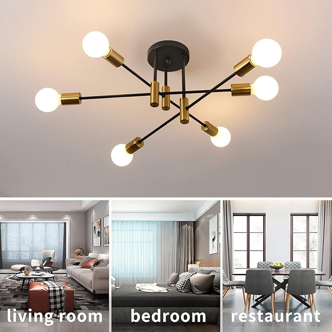 Garwarm Ceiling Light Fixture, 6-Lights Black and Gold Mid Century Semi Flush Mount Ceiling Light,Modern Sputnik Chandelier for Kitchen Dining Room Bedroom Entryway Hallway