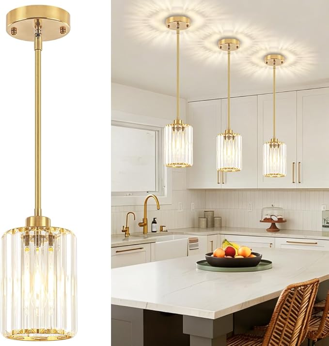 Modern Crystal Pendant Lights Kitchen Island, Brushed Brass Pendant Lighting Over Island Kitchen Hanging Light Fixtures Adjustable Mini Pendant Light for Dining Room Bathroom Entryway Hallway Foyer