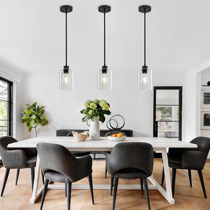 3 Pack Black Pendant Lights Kitchen Island, Modern Glass Pendant Lighting Over Island Kitchen Hanging Dining Room Light Fixtures Adjustable Pendant Lights for Bathroom Hallway Entryway Bedroom