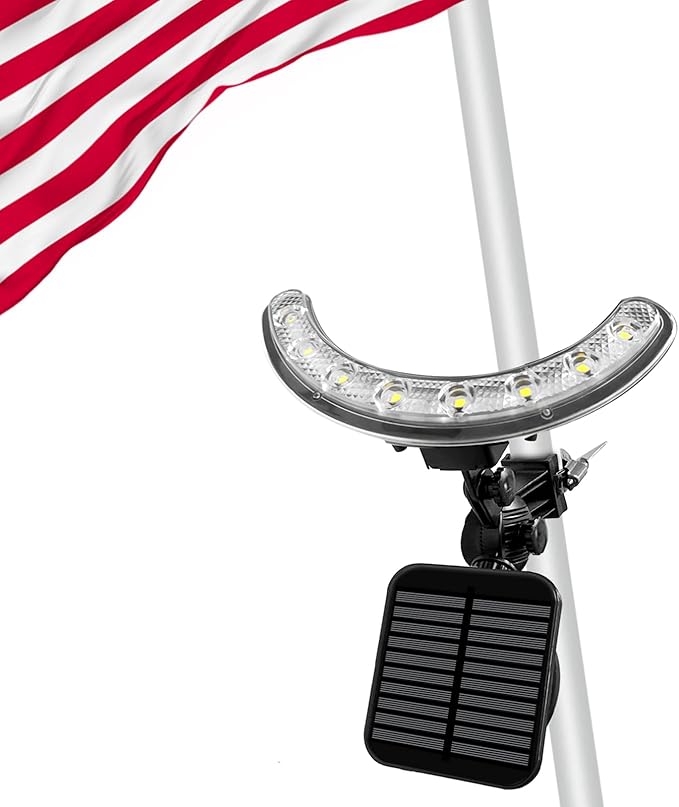 Solar Flag Pole Light, Flagpole Light Solar Powered - 3000K Warm, Super Bright PC Crystal LED Spotlights, Upgraded 2200mAh 145Lm, Adjustable Bracket & Metal Clamp Fits 1-1.5" Flagpole, 8-12 Hrs, Black