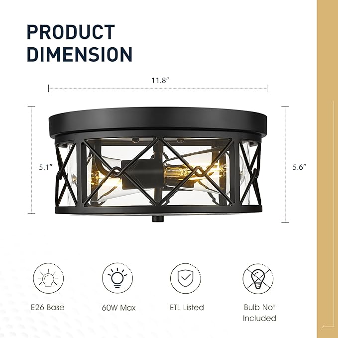 zeyu 2-Light Flush Mount Ceiling Light Fixtures, 12 Inch Lighting Fixture for Kitchen with Clear Glass, Black Ceiling Light, ZY25-F BK