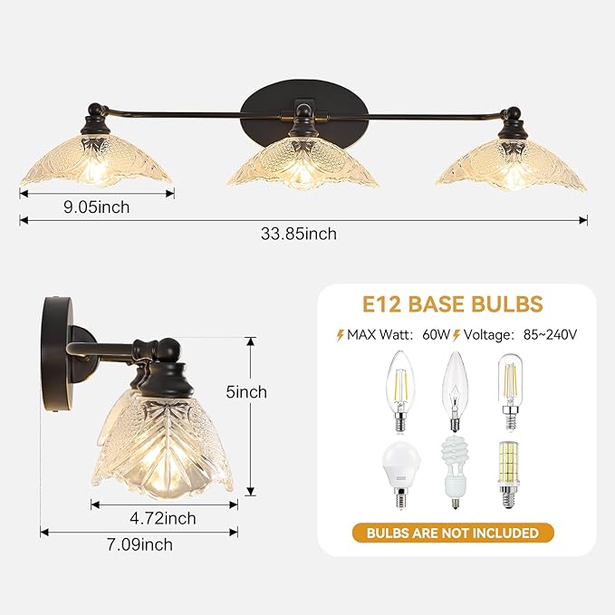 Vintage Vanity Light, 3-Light Black Vanity Light Bathroom Lights fixtures Over Mirror 33.85 Inch Modern Dimmable Bath Light Fixture for Bathroom Makeup, (Requires E12 Bulb, Not Included)