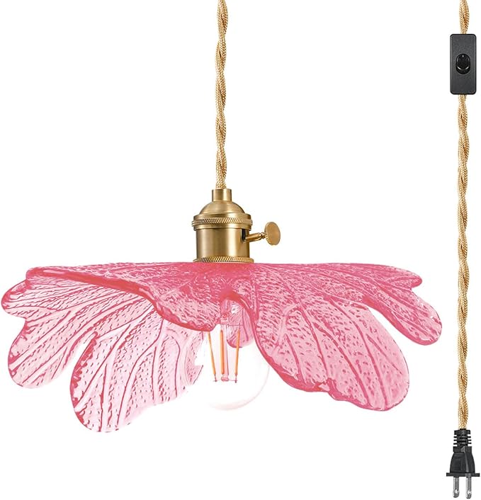 Pink Plug in Glass Pendant Light Mid Century Hanging Lamp Girls Room Plug in Ceiling Hanging Lights with 14.7 ft Long Cord for Living Room Dining Room Bedroom Kitchen Island