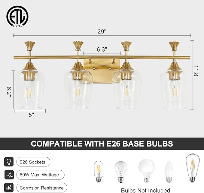 Bathroom Light Fixtures (4-Light, 29 Inch), Brushed Gold Vanity Lights for Bathroom with Clear Wine Glass Glass Shade, Modern Vanity Wall Lights for Mirror Bedroom Living Room Kitchen Hallway Porch